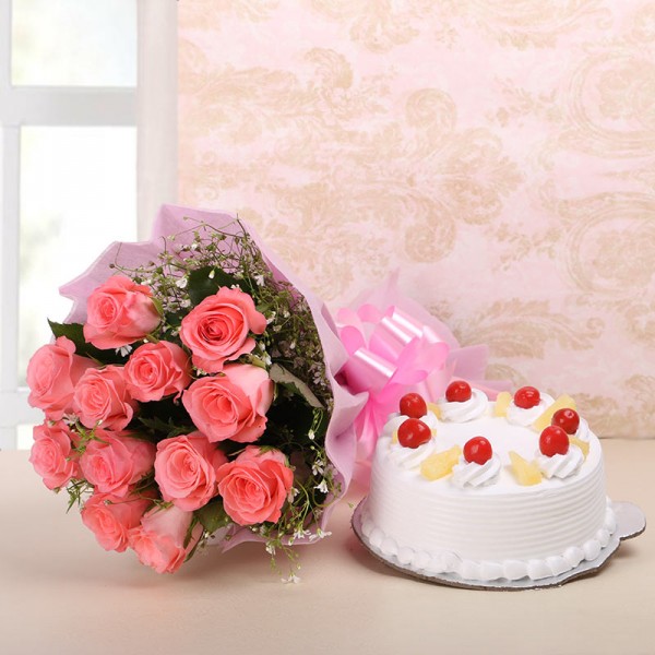 Pink Rose Bunch & Cake